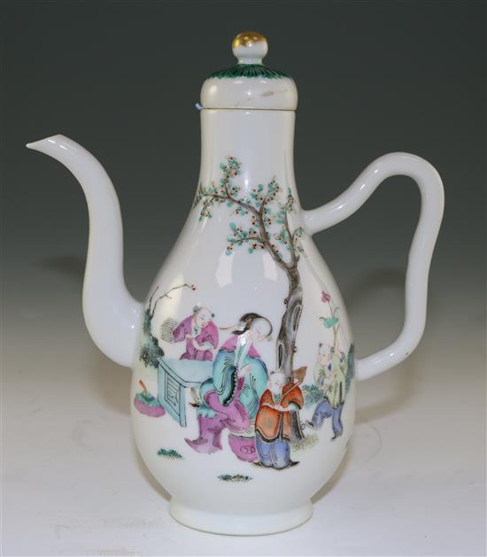 A Chinese famille rose pear-shaped wine ewer and cover, late 19th century, 21.5cm, cover repaired